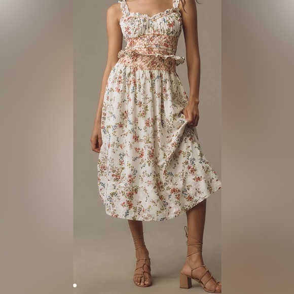 Anthropologie Dresses & Skirts - Anthropologie Sleeveless Smocked-Waist Ruffled Midi Dress small cottagecore